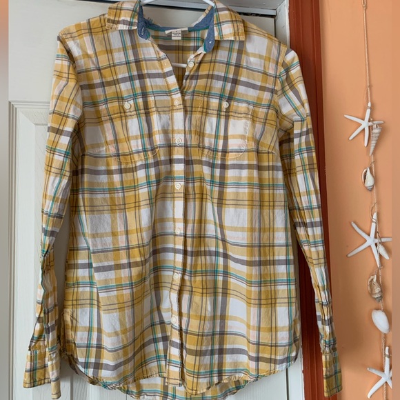 5️⃣$5 Bundle🌺 St John’s Bay Women’s Yellow Brown Teal Button Flannel Size Small - Picture 1 of 5